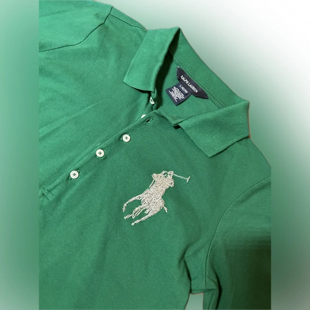 Ralph Lauren Beaded Big Pony Blue Label Green Long Sleeve Polo Girls L 12/14
